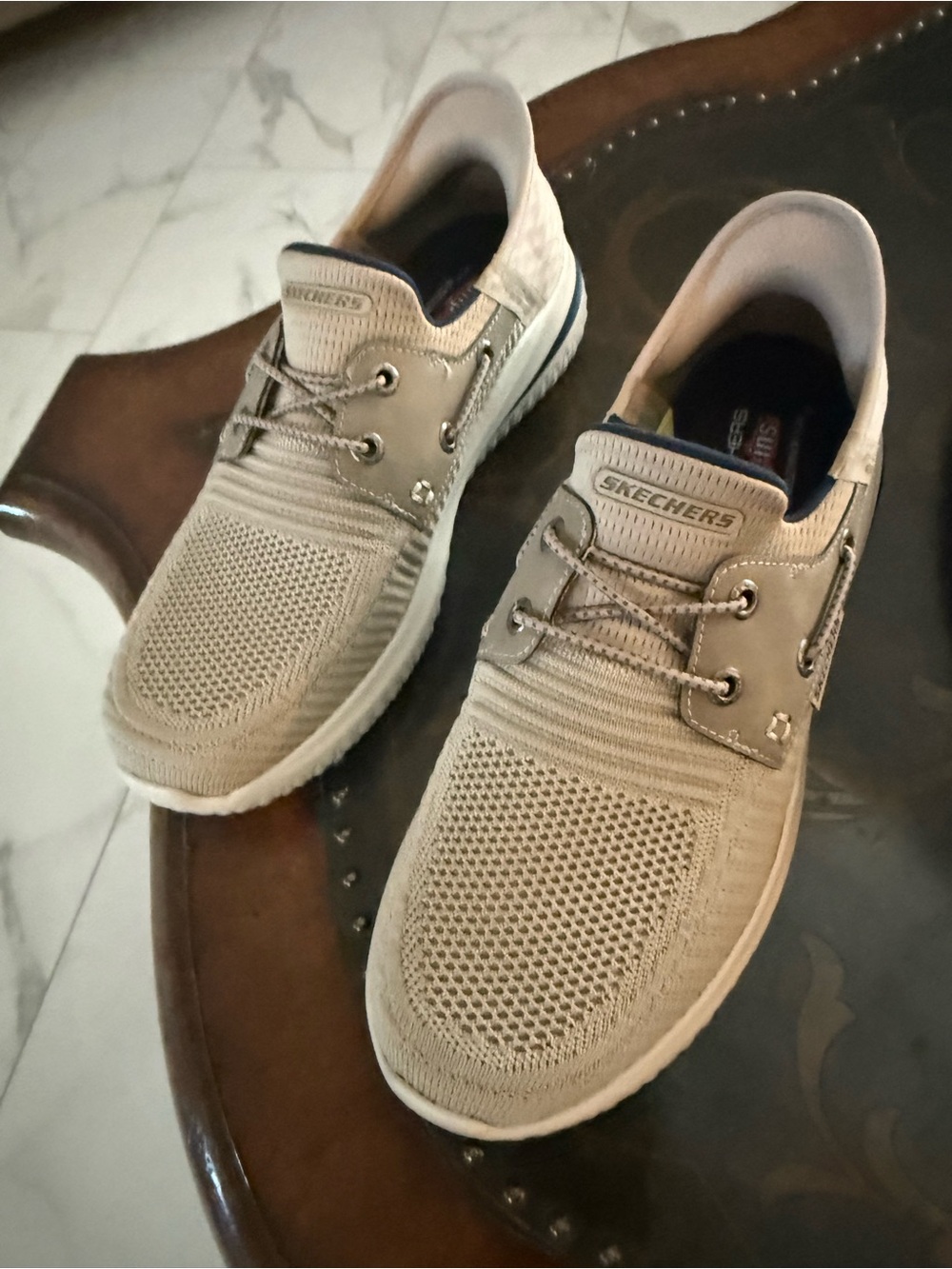 Skechers Men’s Casual Knit Lace-Up Sneakers in Beige size 7.5. Never worn.